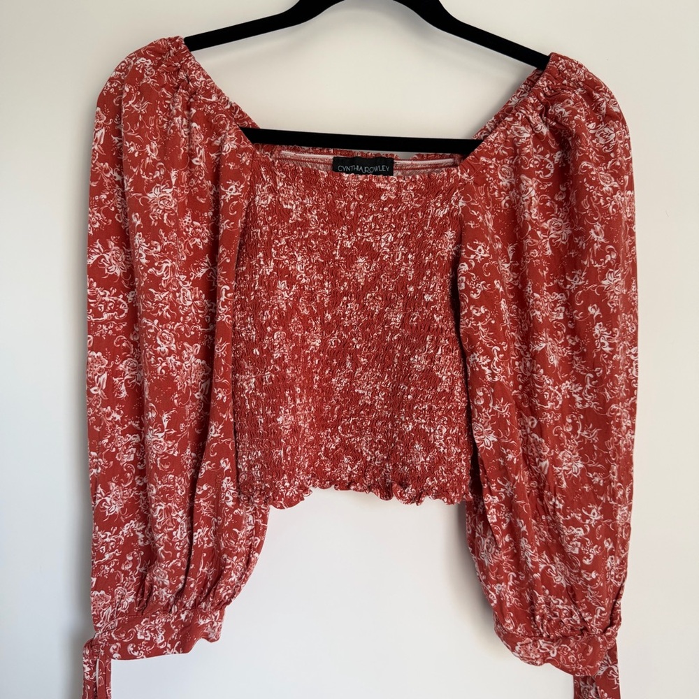 Womens Smocked Peasant Top Puff Sleeve Boho Milkmaid Crop L Cynthia Rowley